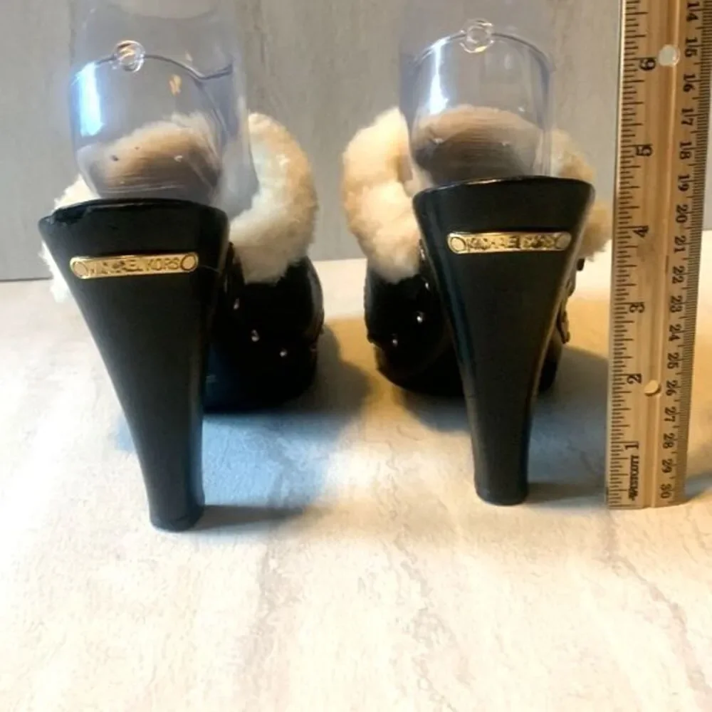 Michael Kors Studded Black Leather Wood Platform Clogs Size 9 Shearling Mules - Picture 8 of 12